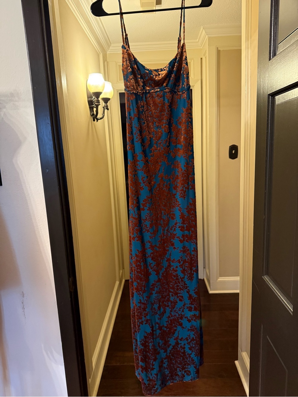 Teal velvet maxi dress with floral detailing